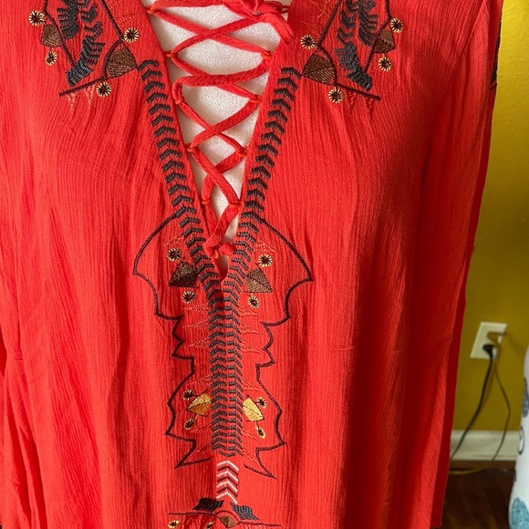 Kings Road lined rayon orange midi dress with embroidered detail. Size L. - Picture 2 of 13
